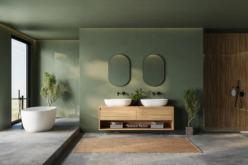 Sage green bathroom vanity walls and white freestanding bathtub