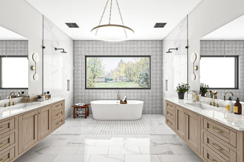 Luxury master bathroom remodel with double vanities and soaking tub. Luxury master bathroom remodel with double vanities and soaking tub.