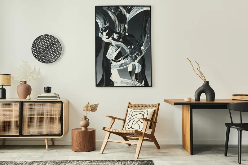 Warm minimalist interior living room with painted white walls Warm minimalist interior living room with painted white walls
