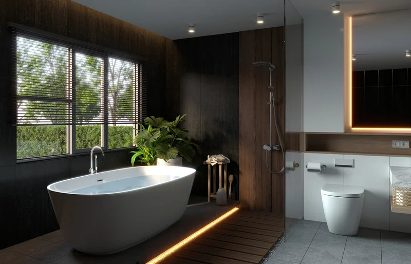 Modern bathroom remodel with freestanding tub and wood paneling Modern bathroom remodel with freestanding tub and wood paneling