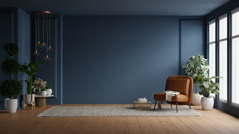 Modern living room with professional deep blue interior paint. Modern living room with professional deep blue interior paint.