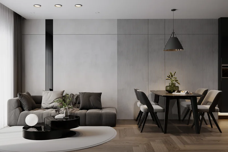 Chic living room interior painting with gray fluted feature wall. Chic living room interior painting with gray fluted feature wall.