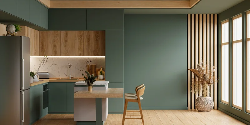 Modern kitchen interior featuring olive green cabinets and wood wall paneling. Modern kitchen interior featuring olive green cabinets and wood wall paneling.
