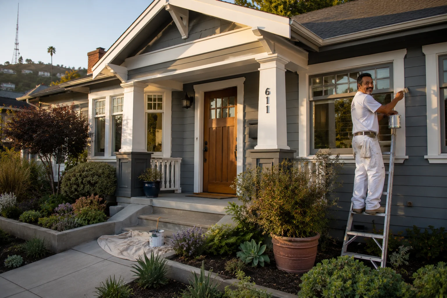 Professional painter on a ladder painting craftsman home exterior Professional painter on a ladder painting craftsman home exterior