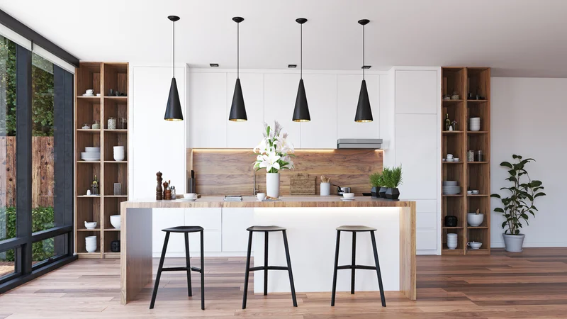 Minimalist white kitchen remodeling with wooden accents and island Minimalist white kitchen remodeling with wooden accents and island