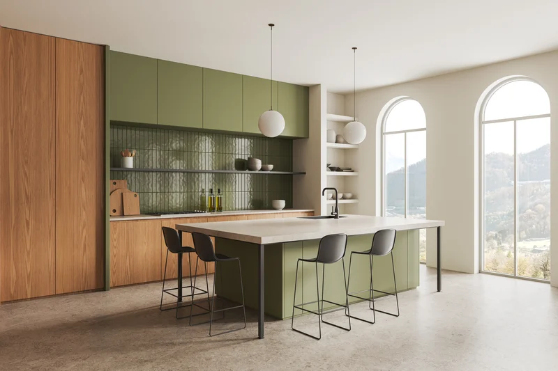 Spacious kitchen remodel with olive green island, tile backsplash, and arched windows. Spacious kitchen remodel with olive green island, tile backsplash, and arched windows.
