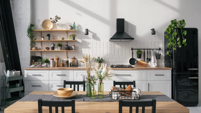 Bright modern rustic kitchen with white cabinets and wood countertop. Bright modern rustic kitchen with white cabinets and wood countertop.