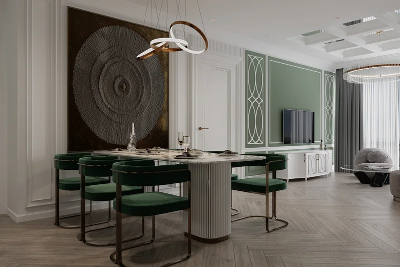 Elegant dining room interior painting featuring custom green accent walls. Elegant dining room interior painting featuring custom green accent walls.