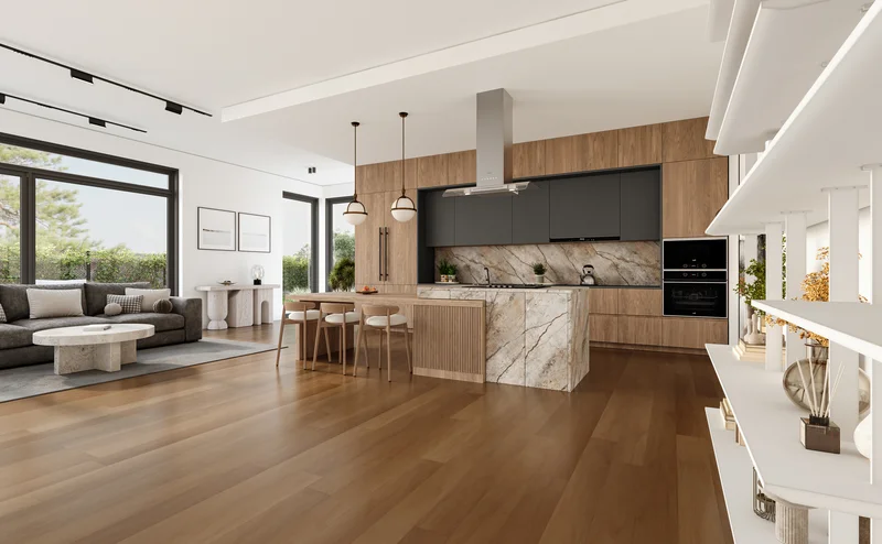 Elegant open-concept kitchen remodeling with custom wood cabinetry and marble island. Elegant open-concept kitchen remodeling with custom wood cabinetry and marble island.