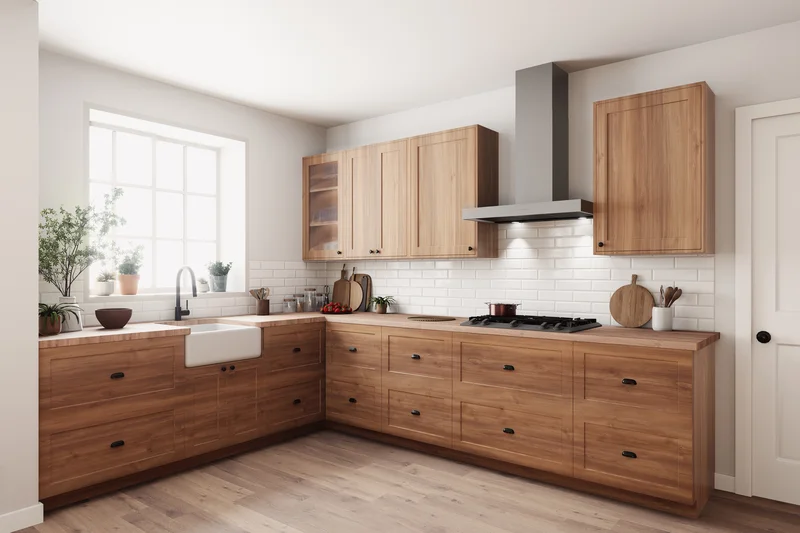 Modern kitchen remodel featuring natural wood cabinets and white subway tile. Modern kitchen remodel featuring natural wood cabinets and white subway tile.